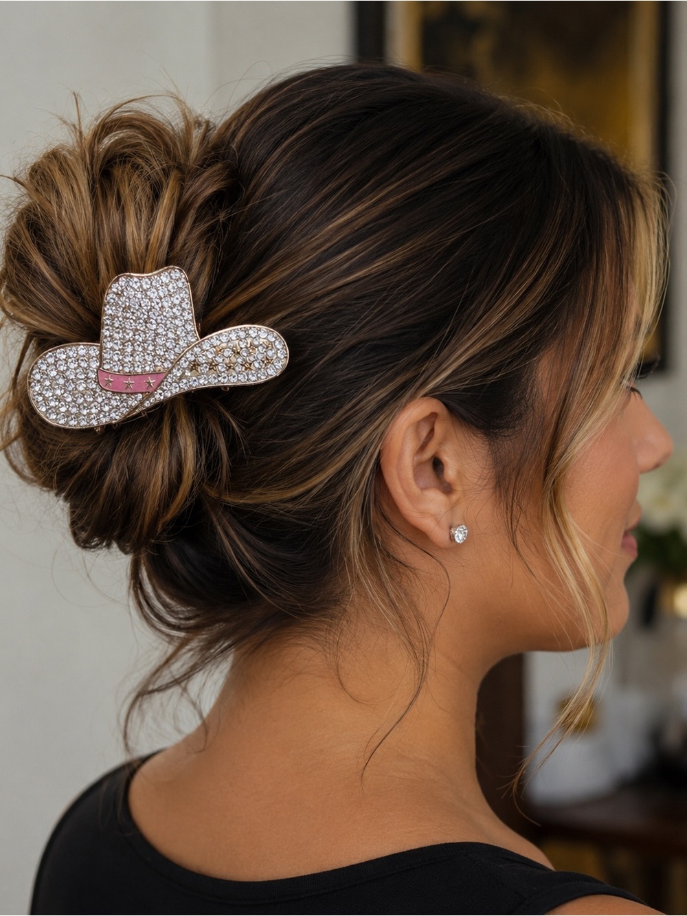 Piper K Rhinestone Cowboy Hat Hair Claw Clip – Pink & Gold Western Bling ✨